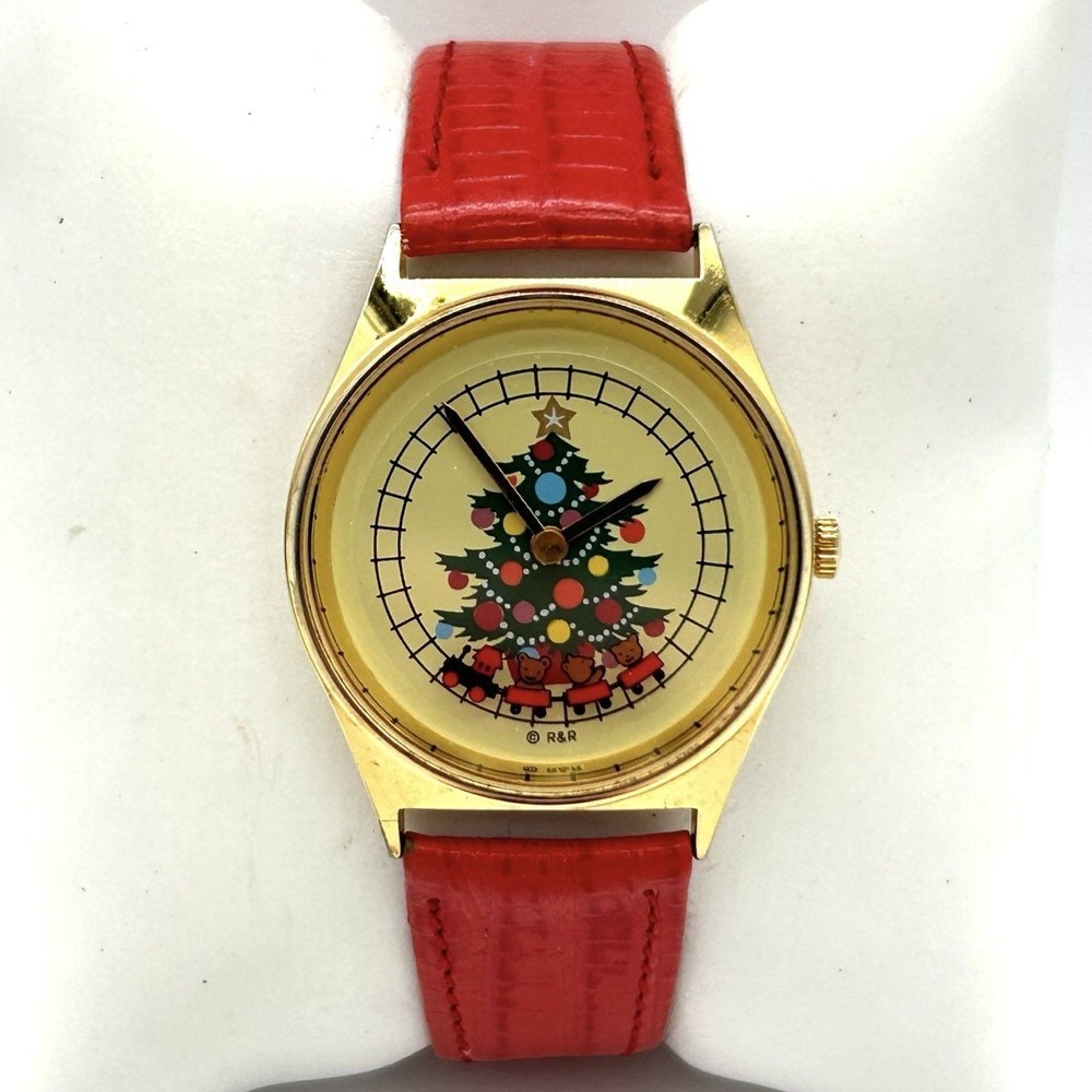 Vintage R&R‎ Christmas Watch Moving Bear Train Gold Tone Red Leather Strap